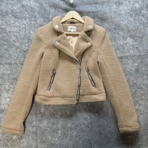 Vigoss Jacket Womens Small Beige Sherpa Full Zip Asymmetrical Crop Biker Moto